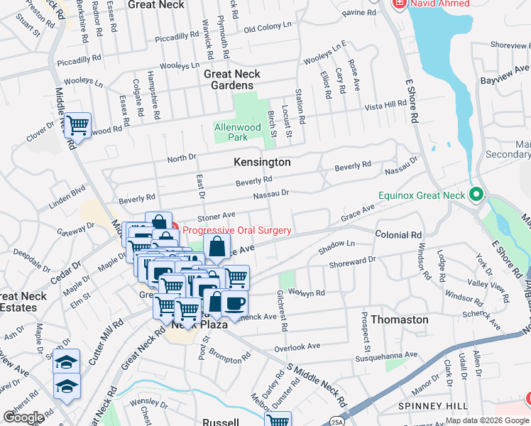 map of restaurants, bars, coffee shops, grocery stores, and more near 60 Stoner Avenue in Great Neck