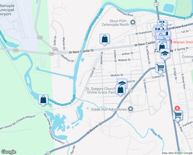 map of restaurants, bars, coffee shops, grocery stores, and more near 405 McKim Street in Zelienople