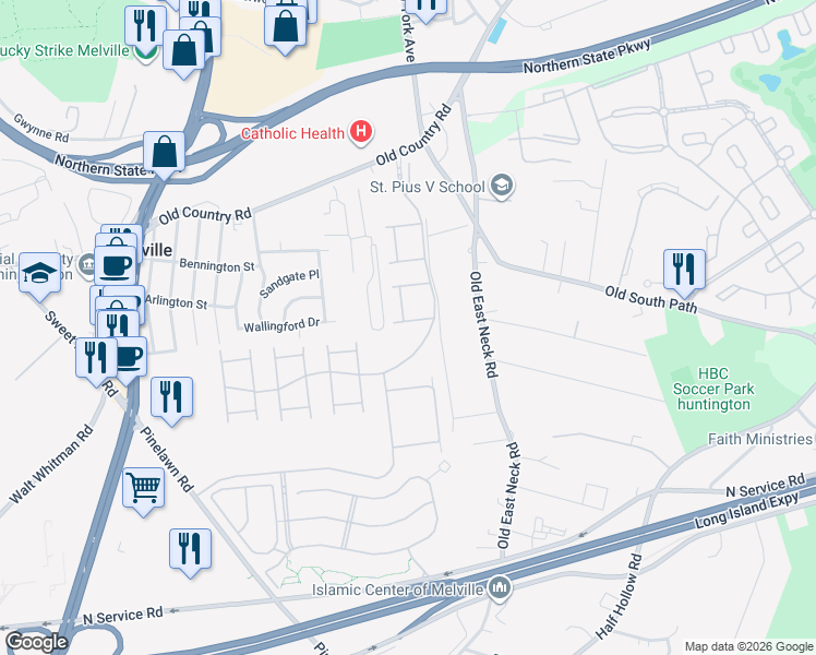 map of restaurants, bars, coffee shops, grocery stores, and more near 160 Barrett Circle in Melville