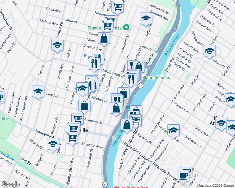map of restaurants, bars, coffee shops, grocery stores, and more near 204 Stephens Street in Belleville
