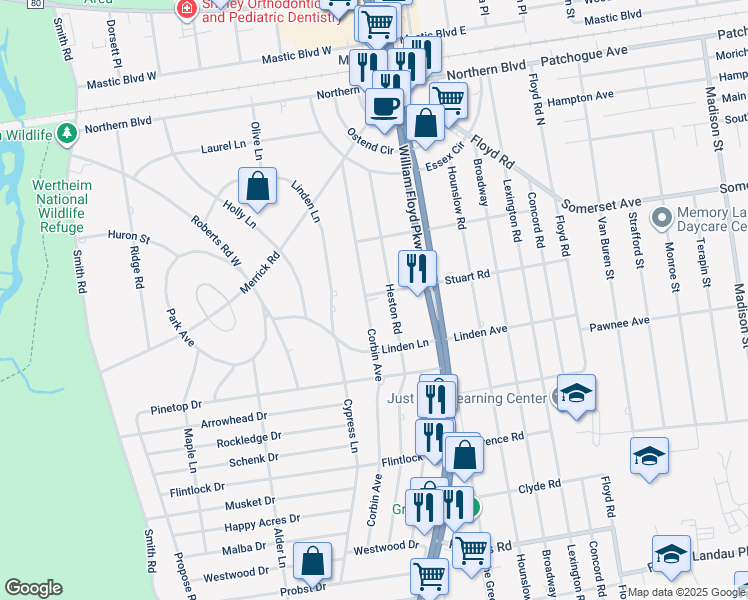 map of restaurants, bars, coffee shops, grocery stores, and more near 55 Corbin Avenue in Shirley