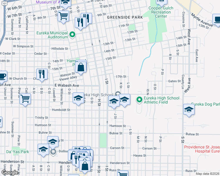 map of restaurants, bars, coffee shops, grocery stores, and more near 1815 I Street in Eureka