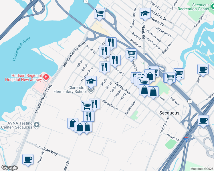 map of restaurants, bars, coffee shops, grocery stores, and more near 723 4th Street in Secaucus
