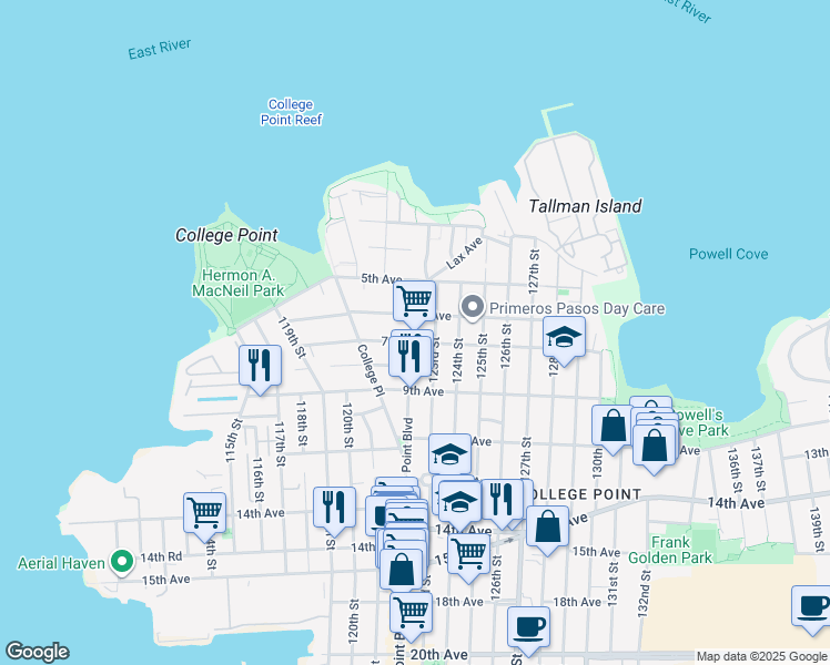 map of restaurants, bars, coffee shops, grocery stores, and more near in Queens