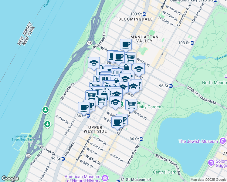 map of restaurants, bars, coffee shops, grocery stores, and more near 642 Amsterdam Avenue in New York