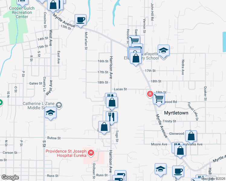 map of restaurants, bars, coffee shops, grocery stores, and more near 1803 Harrison Avenue in Eureka