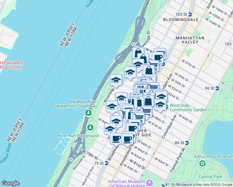 map of restaurants, bars, coffee shops, grocery stores, and more near 341 West 88th Street in New York