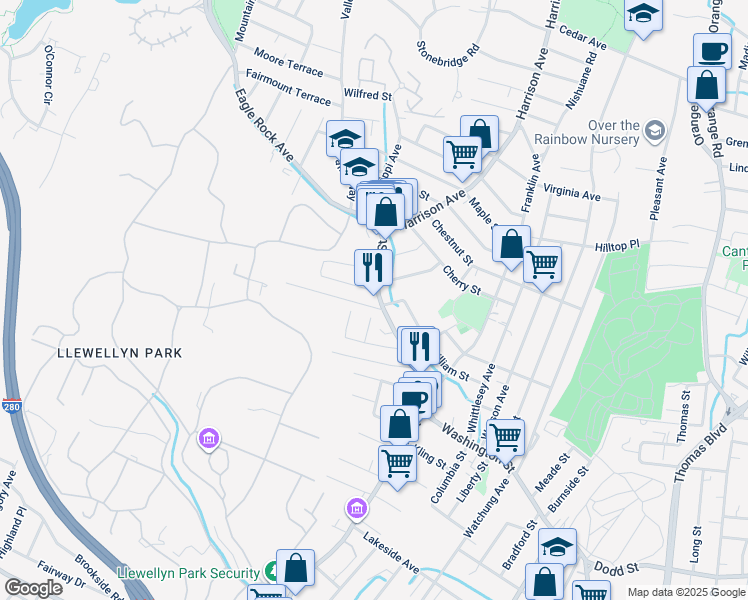 map of restaurants, bars, coffee shops, grocery stores, and more near 382 Main Street in West Orange