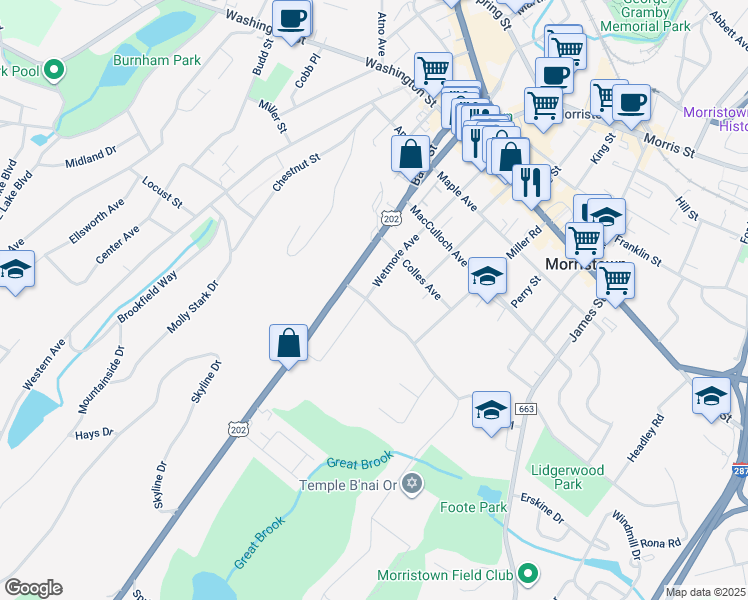 map of restaurants, bars, coffee shops, grocery stores, and more near 2a Ogden Place in Morristown