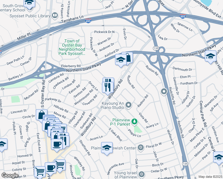 map of restaurants, bars, coffee shops, grocery stores, and more near 558 Woodbury Road in Plainview