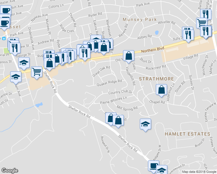 map of restaurants, bars, coffee shops, grocery stores, and more near 23 Flower Lane in Manhasset