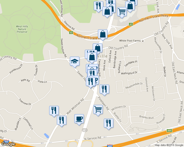 map of restaurants, bars, coffee shops, grocery stores, and more near 60 Broadhollow Road in Melville