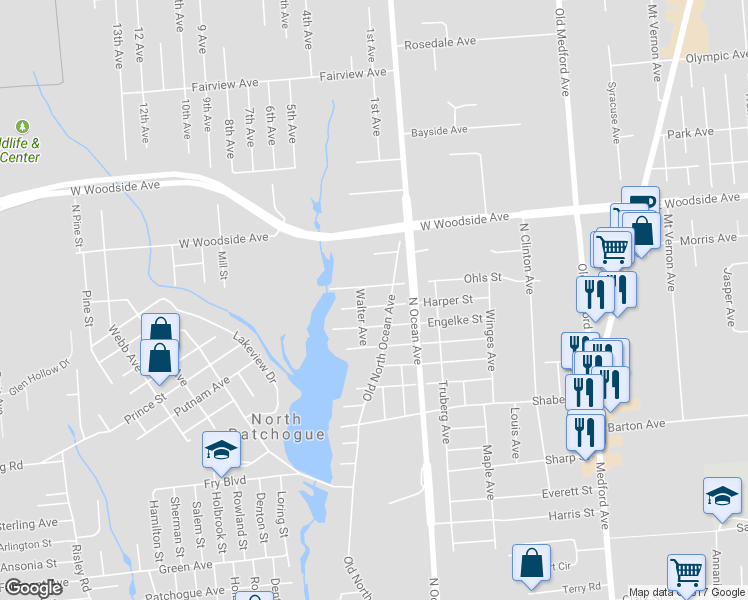 map of restaurants, bars, coffee shops, grocery stores, and more near 93 Harper Street in Patchogue