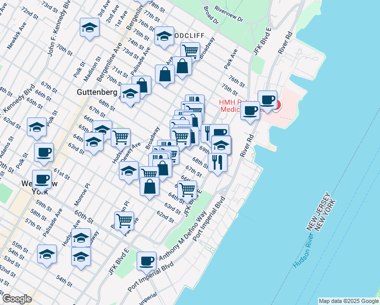map of restaurants, bars, coffee shops, grocery stores, and more near 83 68th Street in Guttenberg