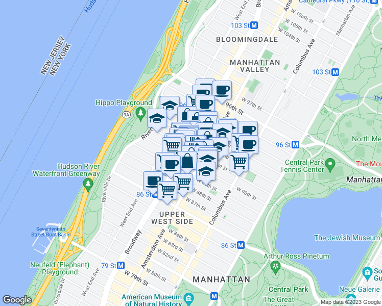 map of restaurants, bars, coffee shops, grocery stores, and more near 214 West 91st Street in New York