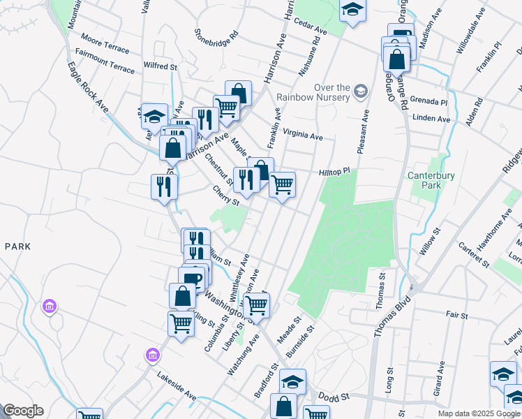 map of restaurants, bars, coffee shops, grocery stores, and more near 1 Cherry Street in West Orange