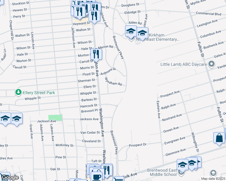 map of restaurants, bars, coffee shops, grocery stores, and more near 33 Laurel Drive in Brentwood