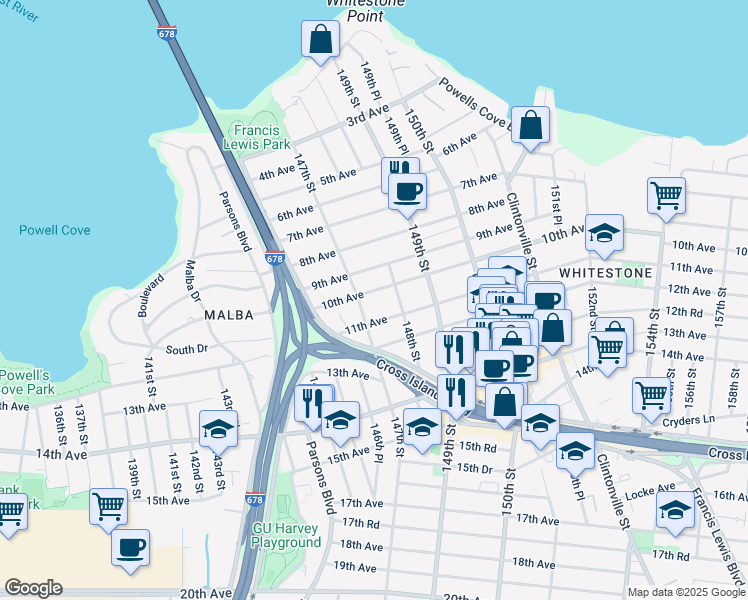 map of restaurants, bars, coffee shops, grocery stores, and more near 147-16 10th Avenue in Queens
