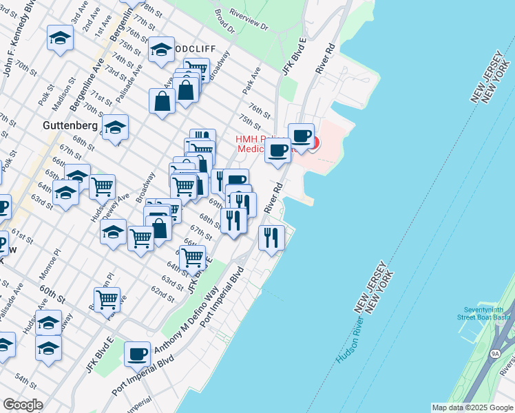 map of restaurants, bars, coffee shops, grocery stores, and more near 7002 Boulevard East in West New York