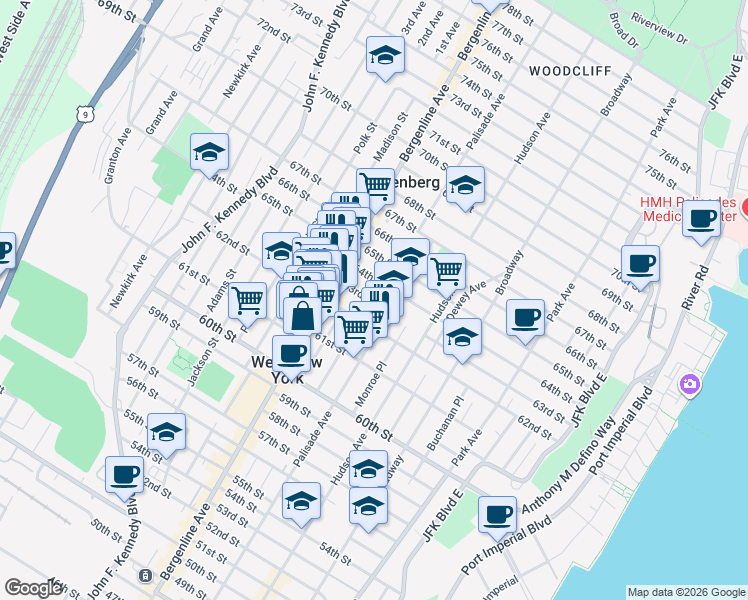 map of restaurants, bars, coffee shops, grocery stores, and more near 430 62nd Street in West New York