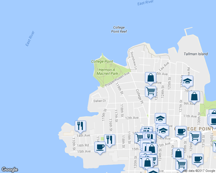map of restaurants, bars, coffee shops, grocery stores, and more near 115-08 Poppenhusen Avenue in Queens
