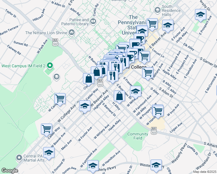 map of restaurants, bars, coffee shops, grocery stores, and more near 321 West Beaver Avenue in State College