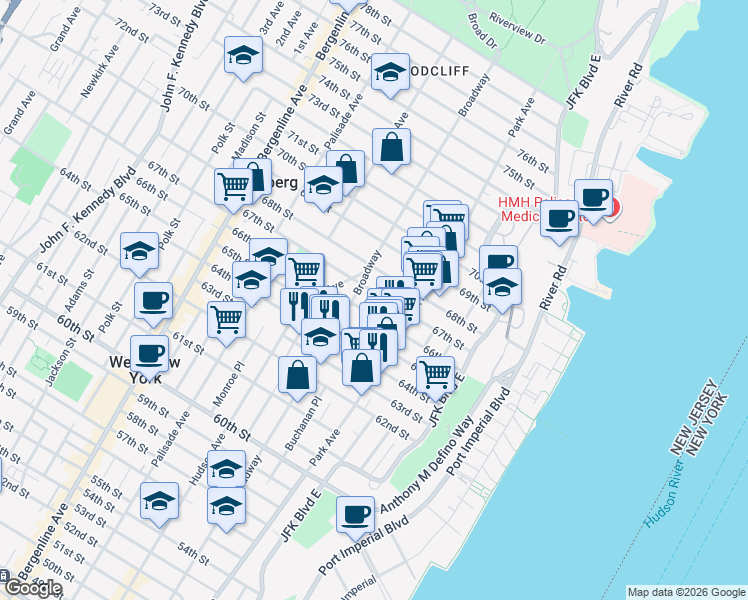 map of restaurants, bars, coffee shops, grocery stores, and more near 6600 Broadway in West New York