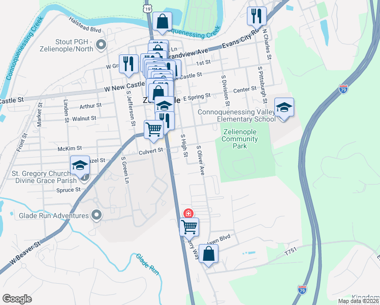 map of restaurants, bars, coffee shops, grocery stores, and more near 410 South High Street in Zelienople