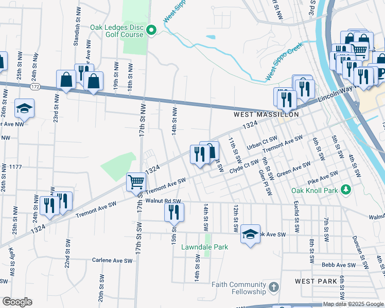 map of restaurants, bars, coffee shops, grocery stores, and more near 1309 Main Avenue West in Massillon