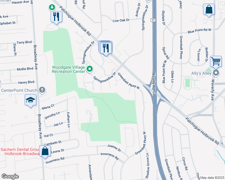 map of restaurants, bars, coffee shops, grocery stores, and more near 203L Springmeadow Drive in Holbrook