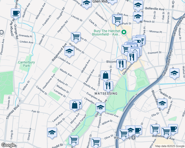 map of restaurants, bars, coffee shops, grocery stores, and more near 87 Linden Avenue in Bloomfield