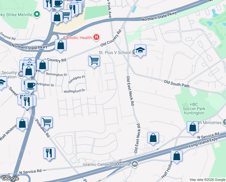map of restaurants, bars, coffee shops, grocery stores, and more near 160 Barrett Circle in Melville