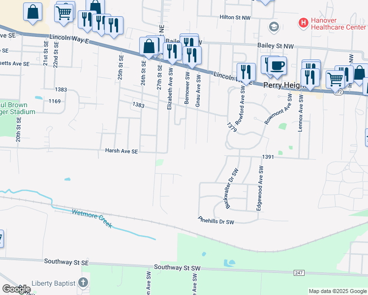 map of restaurants, bars, coffee shops, grocery stores, and more near 515 Bernower Avenue Southwest in Massillon