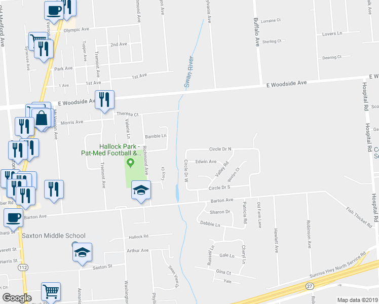 map of restaurants, bars, coffee shops, grocery stores, and more near 78 Circle Drive North in Patchogue