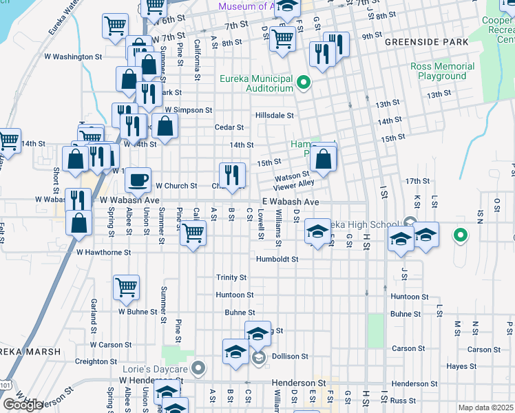 map of restaurants, bars, coffee shops, grocery stores, and more near 1833 C Street in Eureka