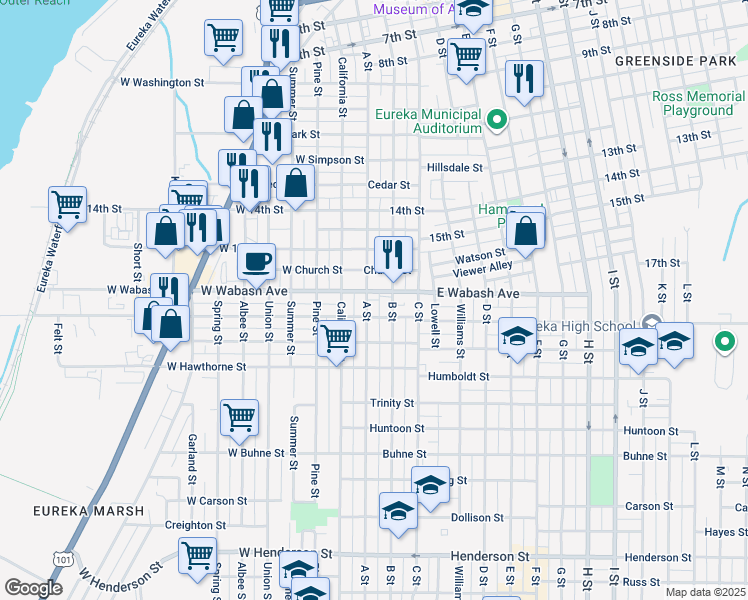 map of restaurants, bars, coffee shops, grocery stores, and more near in Eureka