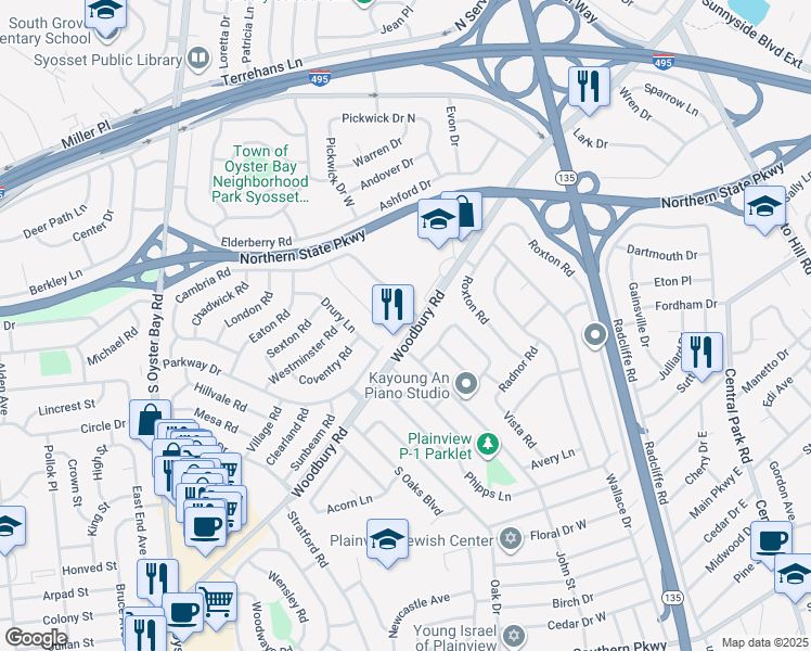 map of restaurants, bars, coffee shops, grocery stores, and more near 558 Woodbury Road in Plainview