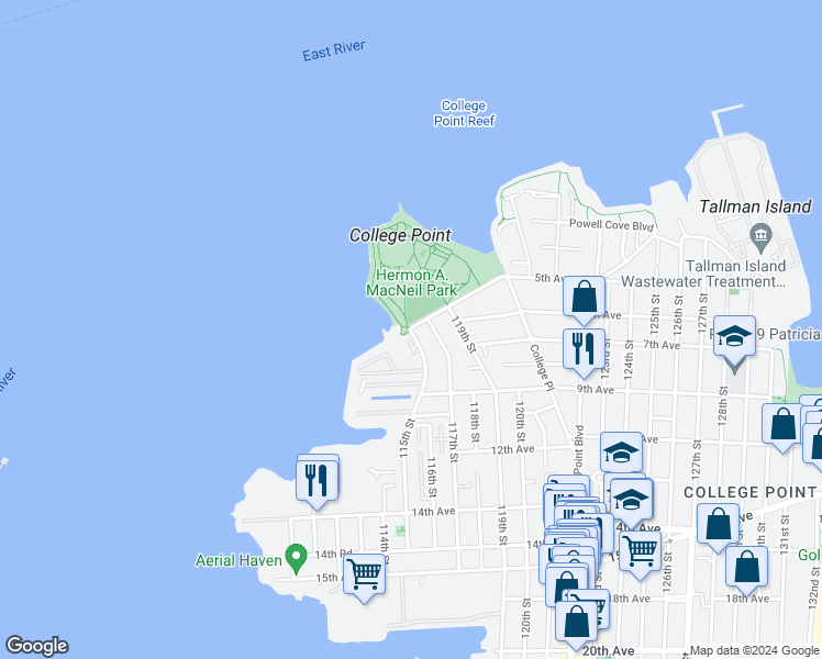 map of restaurants, bars, coffee shops, grocery stores, and more near 5-2 115th Street in Queens