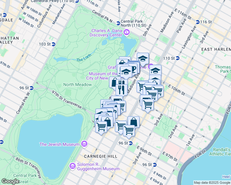 map of restaurants, bars, coffee shops, grocery stores, and more near 1185 5th Avenue in New York