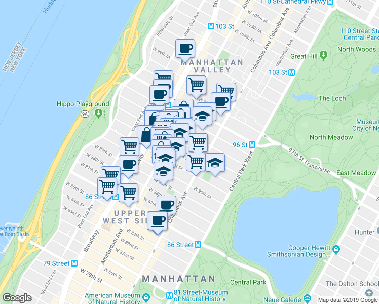map of restaurants, bars, coffee shops, grocery stores, and more near 140 West 92nd Street in New York