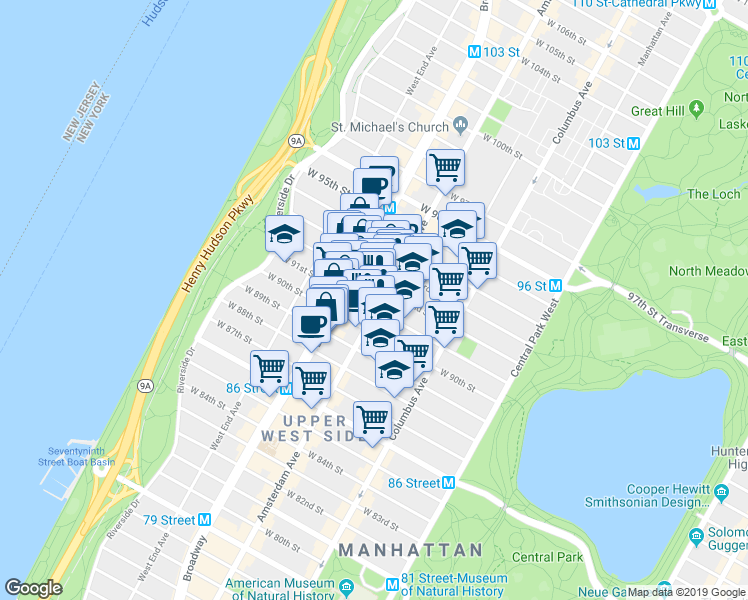 map of restaurants, bars, coffee shops, grocery stores, and more near 166 West 92nd Street in New York