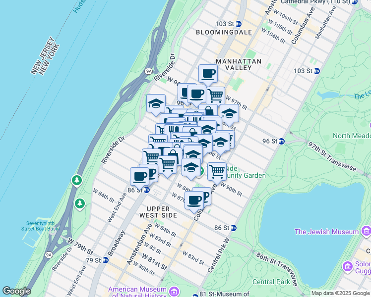 map of restaurants, bars, coffee shops, grocery stores, and more near 166 West 92nd Street in New York