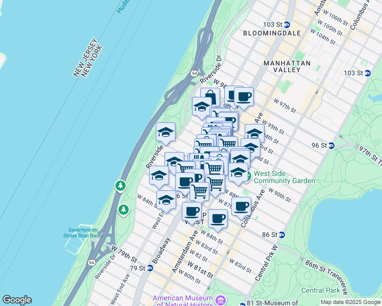 map of restaurants, bars, coffee shops, grocery stores, and more near 304 West 89th Street in New York