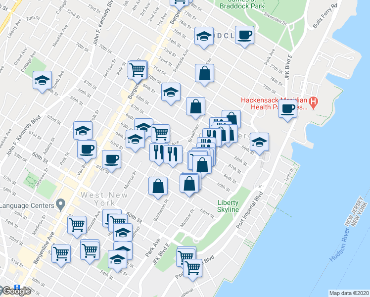 map of restaurants, bars, coffee shops, grocery stores, and more near 6600 Broadway in West New York