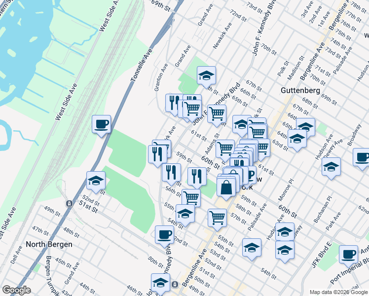 map of restaurants, bars, coffee shops, grocery stores, and more near 5900 John F. Kennedy Boulevard in West New York