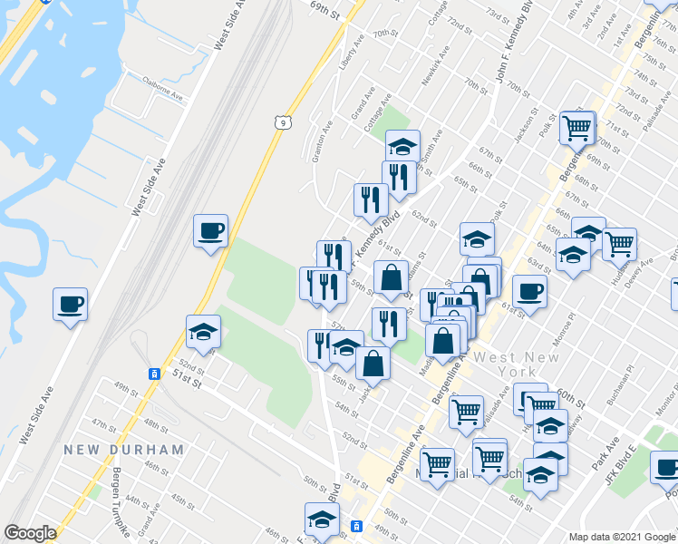 map of restaurants, bars, coffee shops, grocery stores, and more near 5900 John F. Kennedy Boulevard in West New York