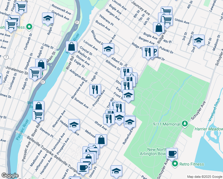 map of restaurants, bars, coffee shops, grocery stores, and more near 55 Arlington Boulevard in North Arlington