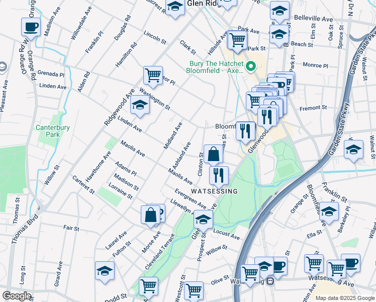 map of restaurants, bars, coffee shops, grocery stores, and more near 87 Linden Avenue in Bloomfield