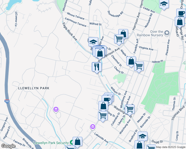 map of restaurants, bars, coffee shops, grocery stores, and more near 382-390 Main Street in West Orange