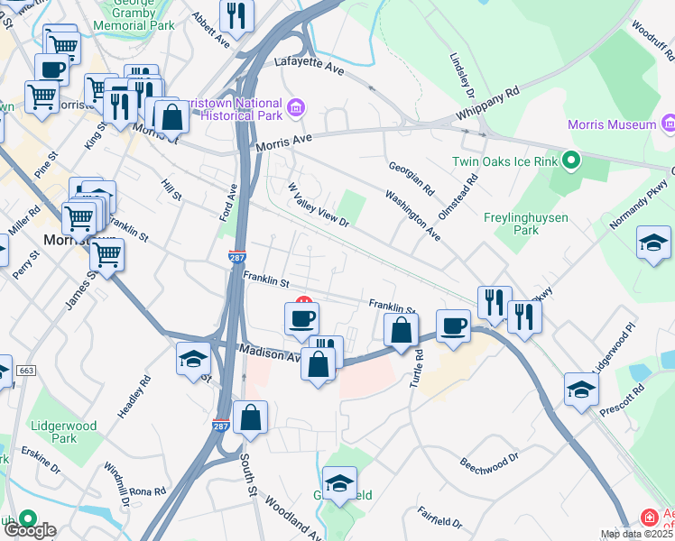 map of restaurants, bars, coffee shops, grocery stores, and more near 17 Dekalb Place in Morristown